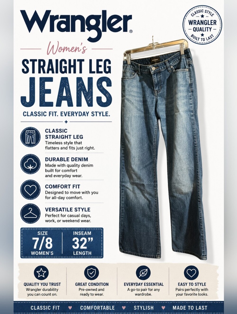 Wrangler Women’s 7/8 x 32 Blue Straight Leg Jeans Mid Wash Denim Casual Classic